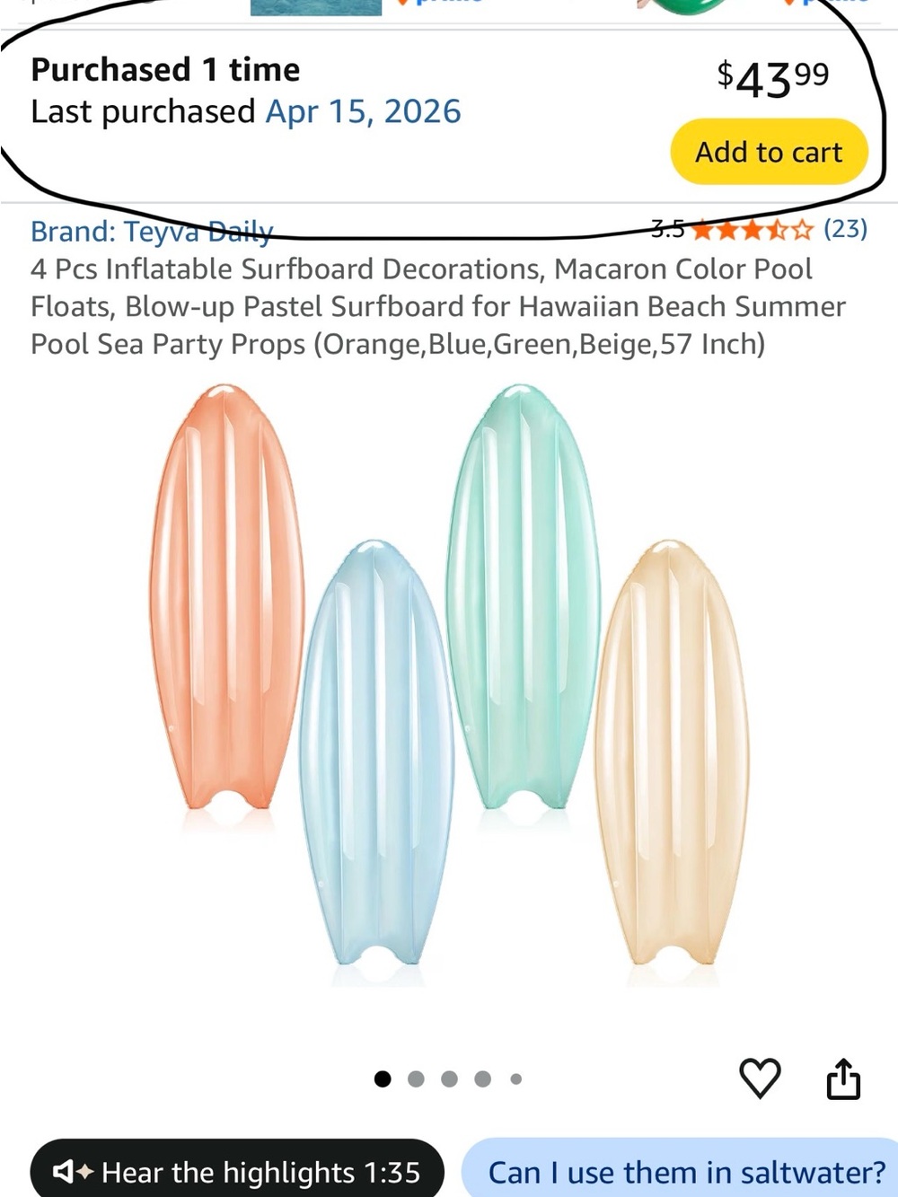 Inflatable Surfboard Pool Floats - Multi-Color 4 pcs - Picture 3 of 7